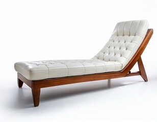 White leather chaise lounge with wooden frame, isolated on white background. Perfect for relaxation and comfort.