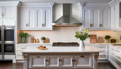 White kitchen island with ornate detailing and a matching range hood.