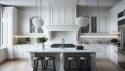 White kitchen island with ornate detailing and a matching range hood.