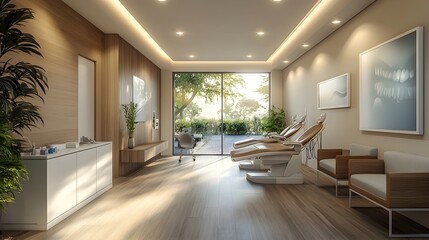 Fototapeta premium Modern and Efficient Healthcare Clinic Interior with Calming Ambiance and Medical Iconography