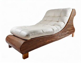 White leather chaise lounge with wooden frame, isolated on white background. Perfect for relaxation and comfort.