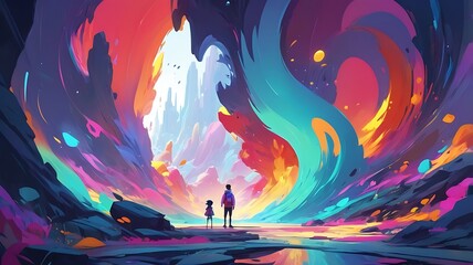 Fototapeta premium Dreamscape Journey: Two figures stand in awe as they gaze upon a breathtaking, abstract landscape of vibrant colors, swirling patterns, and towering, dreamlike formations. Their journey into this ethe