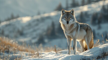 Fototapeta premium Lone wolf standing on a snow-covered hill with a mountainous background