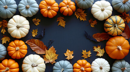 Fototapeta premium Black Background Flat Lay Halloween white Pumpkins Leaves and Bats