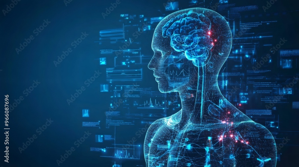 Poster digital human with glowing brain and data interface.