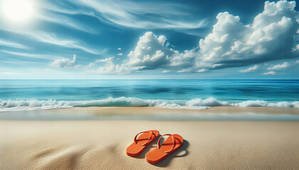 Obraz premium Orange flip-flops on a sandy beach with waves and a blue sky in the background.