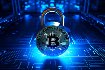 Digital cryptocurrency padlock with bitcoin symbol glowing blue light on dark black background