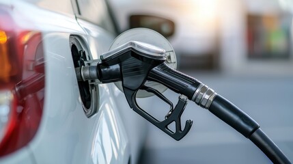 White car refueling at a gas station during daylight with a fuel pump inserted into the tank. The scene is bright and clear.