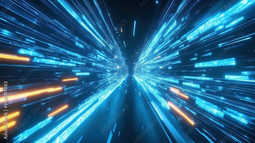 Poster 3d rendered abstract futuristic background featuring blue glowing light lines and bokeh lights in a 