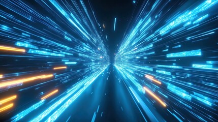 Obraz premium 3D rendered abstract futuristic background featuring blue glowing light lines and bokeh lights in a dark space tunnel. This digital technology concept showcases high-speed motion blur effects, symboli