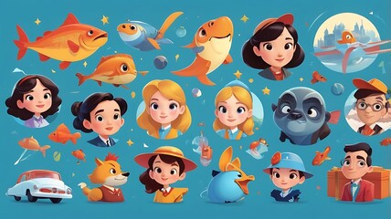 Whimsical Character Collage: A vibrant and playful collection of cartoon characters and whimsical icons set against a bright blue background. Perfect for children's books, branding, and whimsical desi