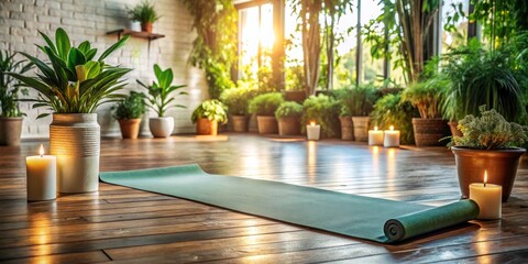 A serene yoga mat lies on a wooden floor, surrounded by calming plants and candles, with a subtle