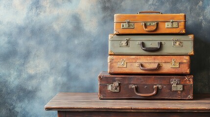 Vintage Suitcases on Wooden Table - AI generated illustration