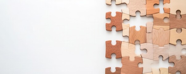 Flat lay of wooden blocks forming a puzzle, symbolizing business solutions, on a white background Highresolution image with space for text Perfect for strategy and problem solving