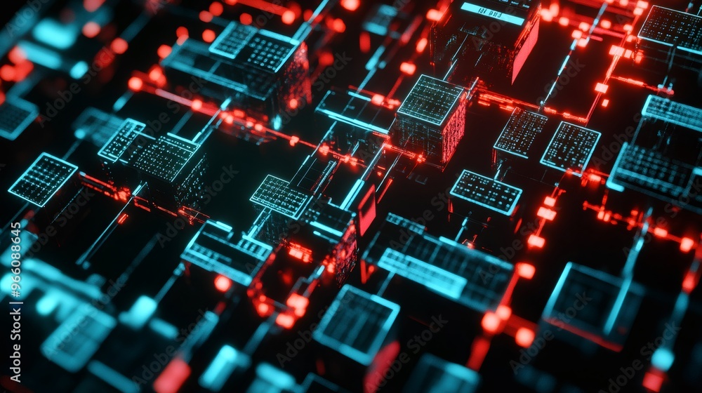 Poster abstract digital background with blue and red glowing lines and squares on a black surface.