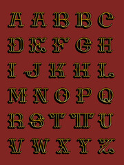 A collection of roughened and distressed uppercase tuscan lettering with a shadow effect and a gold foil inset.