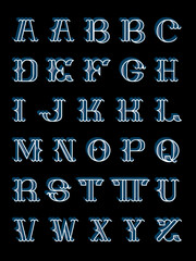 A collection of unique multilayered uppercase tuscan alphabet characters with a shadow effect.