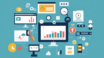 Flat design illustration of a computer screen showing a bar graph with other computer screens and icons around it.