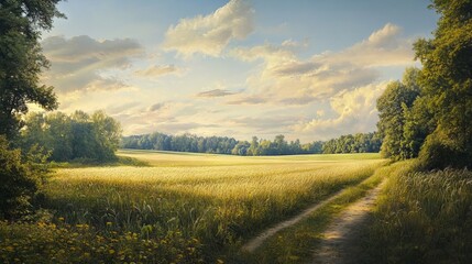 Obraz premium Expansive Photorealistic Field with Lush Green Grass and Serene Horizon. AI generated illustration
