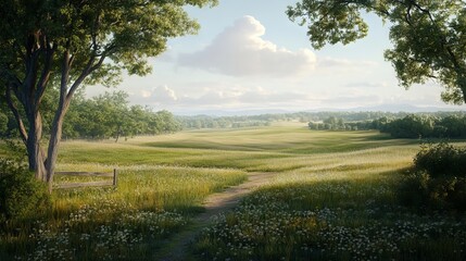 Obraz premium Expansive Photorealistic Field with Lush Green Grass and Serene Horizon. AI generated illustration
