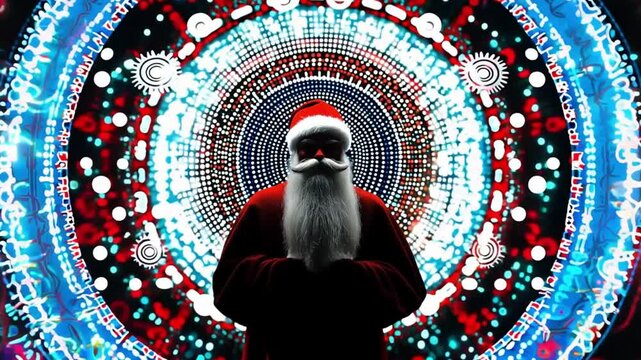 Abstract Santa Claus standing on a glowing abstract background with many lights of different colors