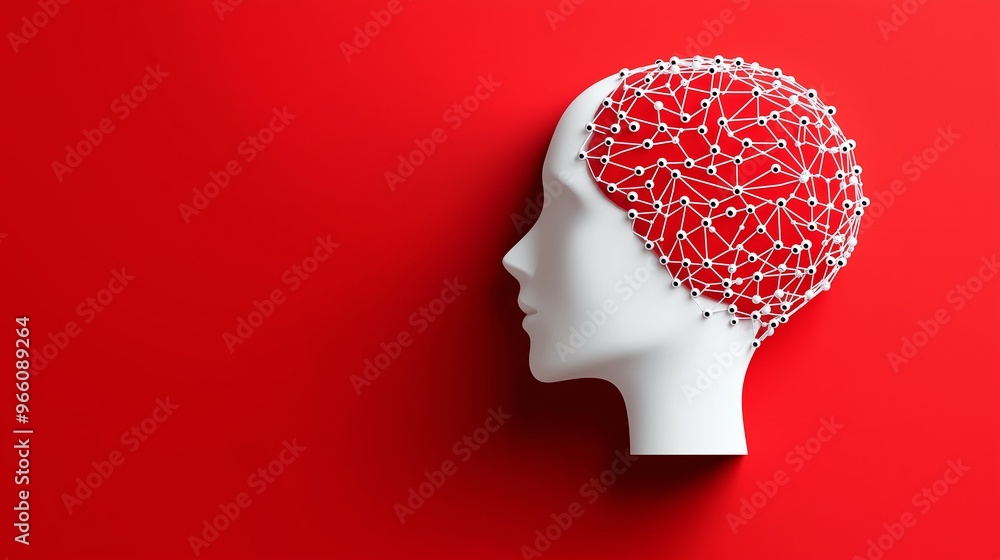 Poster a white head with red lines on it. a white head with a red background. the head is surrounded by a w