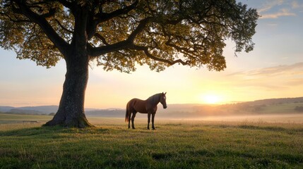 Naklejka premium A Horse Resting Beneath a Tree in the Golden Hour, Explore the peaceful image of a horse standing under a large oak tree as the sun sets.