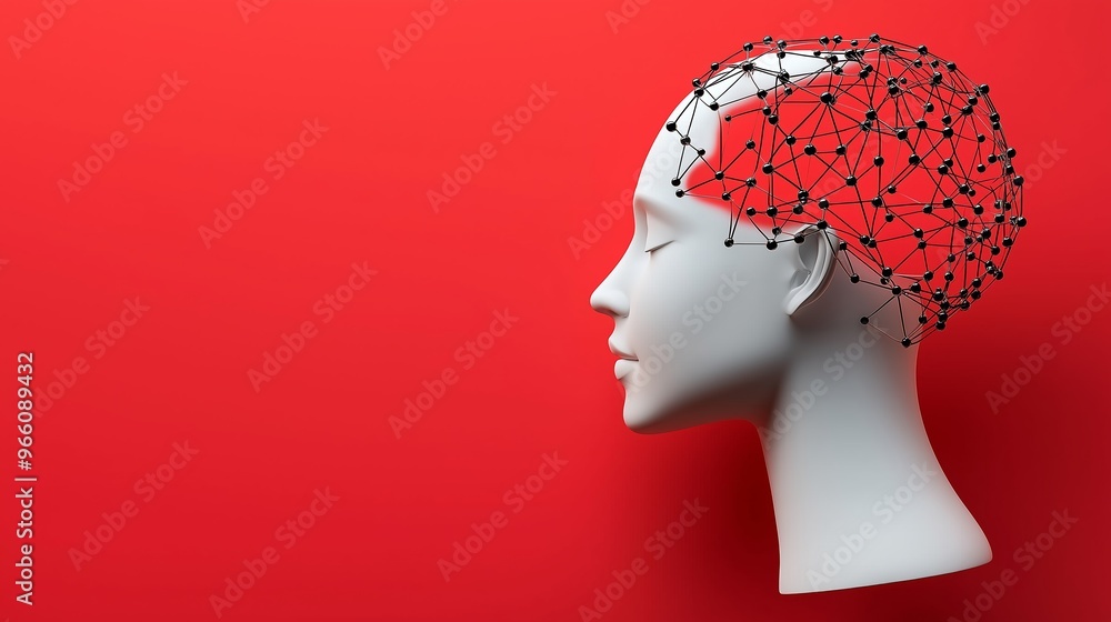 Poster a white head with a red background. the head is surrounded by a web of black and white lines. the he