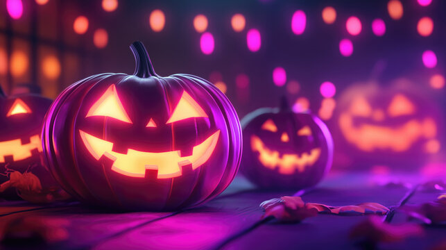 Halloween pumpkin on blank product stand with neon lights background, generative ai