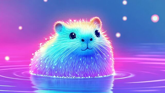 Cute beautiful fairytale capybara sits in the water