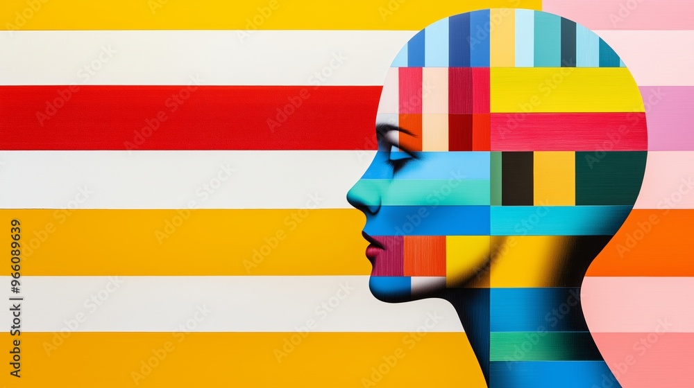 Poster a colorful head with a white stripe on the left and a red stripe on the right. the head is made up o