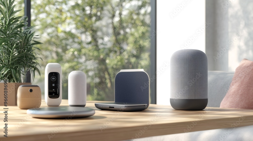 Poster four modern smart home devices sit on a wood table in front of a window with a blurred green view.