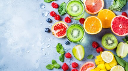 A vibrant arrangement of fresh fruits and berries, showcasing colorful slices and healthy ingredients for a refreshing look.