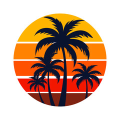 Retro Sunset with palm trees. Vintage style vector illustration.