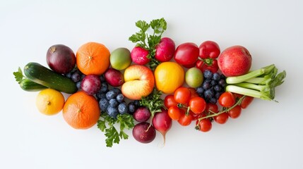 A vibrant arrangement of fresh fruits and vegetables on a white background, showcasing a variety of colors and textures.