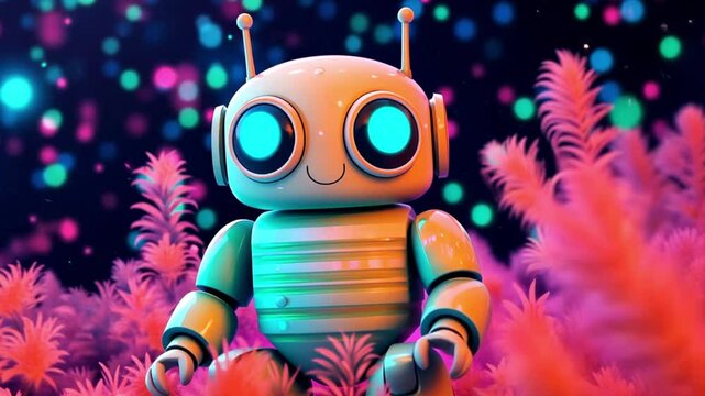 Cute cartoon robot and night starry sky