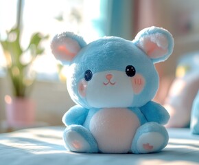 Adorable Blue Stuffed Rabbit Plush Toy on a Bed With Sunlight Streaming in From the Window
