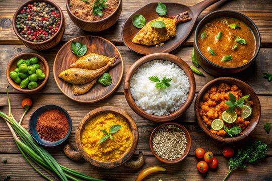 Rustic Wooden Table Filled With Traditional Bengali Dishes, Including Rice, Vegetables, Lentils, And Fish Curry