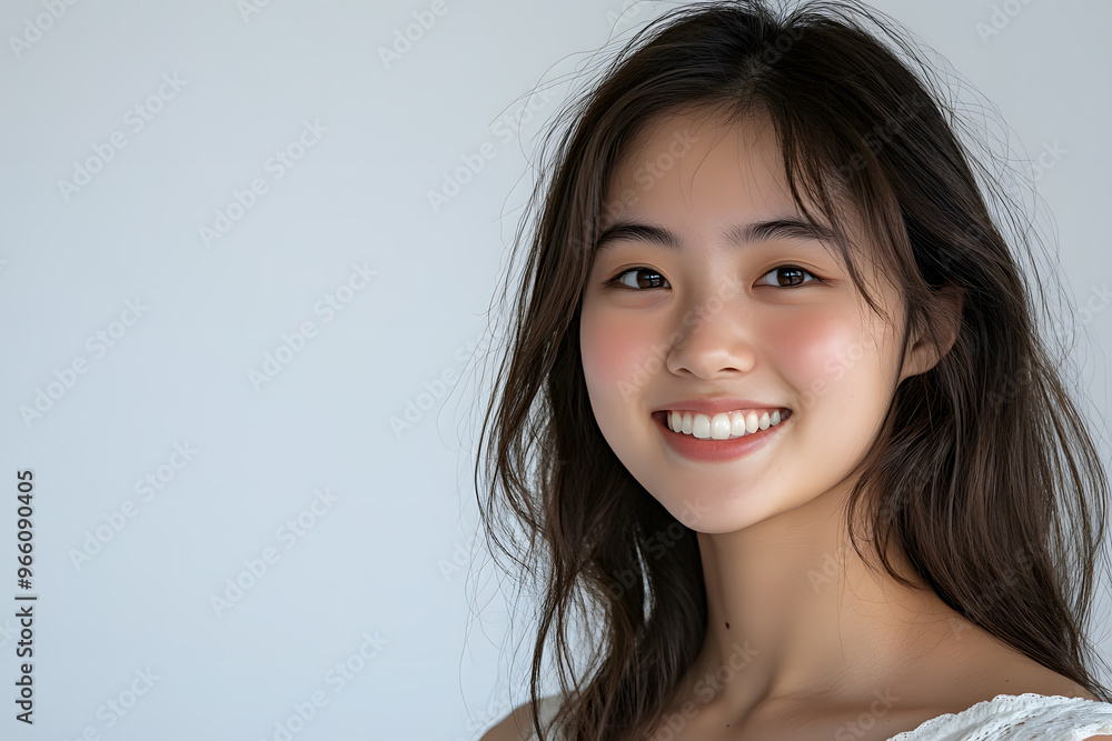 Sticker Portrait of young smiling asian woman isolated on white background