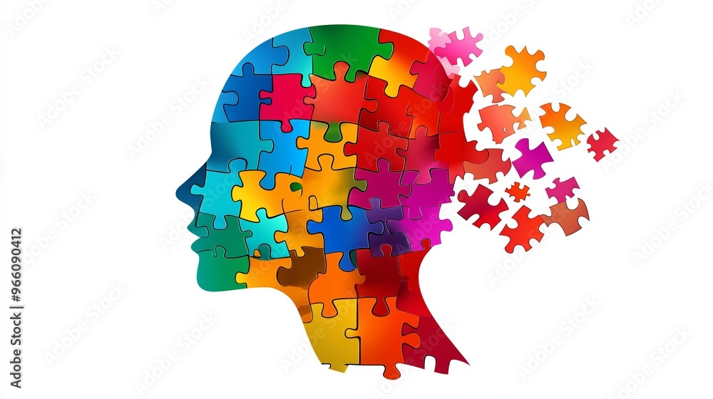 Poster a colorful puzzle of a head with a jagged edge. the puzzle is missing pieces and the head is missing