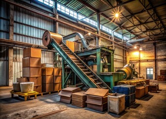 Rusty metal agricultural processing machine with conveyor belt and rotating drums stands idle in a dimly lit, worn factory surrounded by cardboard boxes and tools.