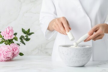 A homeopath preparing a personalized remedy for a patient using a mortar and pestle, homeopath preparing remedy, personalized treatment