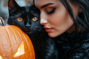 Gothic Witch with a mysterious black cat, sitting next to a spooky jack-o-lantern. Goth. Gothic. Feline. Halloween scene.