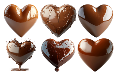 Assorted chocolate heart shapes with rich textures and glossy surface isolated on transparent background
