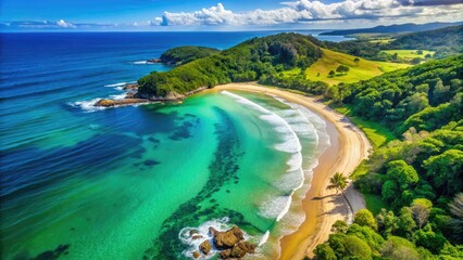 Scenic Aerial View Of A Pristine Beach With Crystal-Clear Waters, Golden Sands, And Lush Greenery On The Coastline