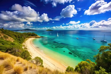 Fototapeta premium Scenic Coastal Landscape With Golden Sand Beach, Turquoise Waters, And Distant Sailboats Under A Blue Sky