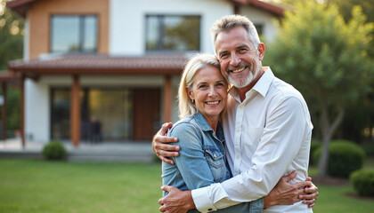 Happy smiling mature older family couple new property buyers modern dream luxury villa owners standing outside house, affectionate senior middle aged man and woman in love hugging outdoor. Portrait.