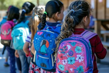A group of young girls are walking in a line, each carrying a backpack