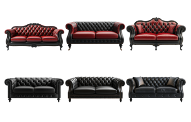 Luxurious vintage leather sofas in red and black designs isolated on transparent background