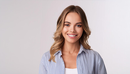 Obraz premium a young European woman in a casual shirt smiling warmly at the camera. This cheerful and confident image is perfect for corporate, business, lifestyle, and personal branding projects